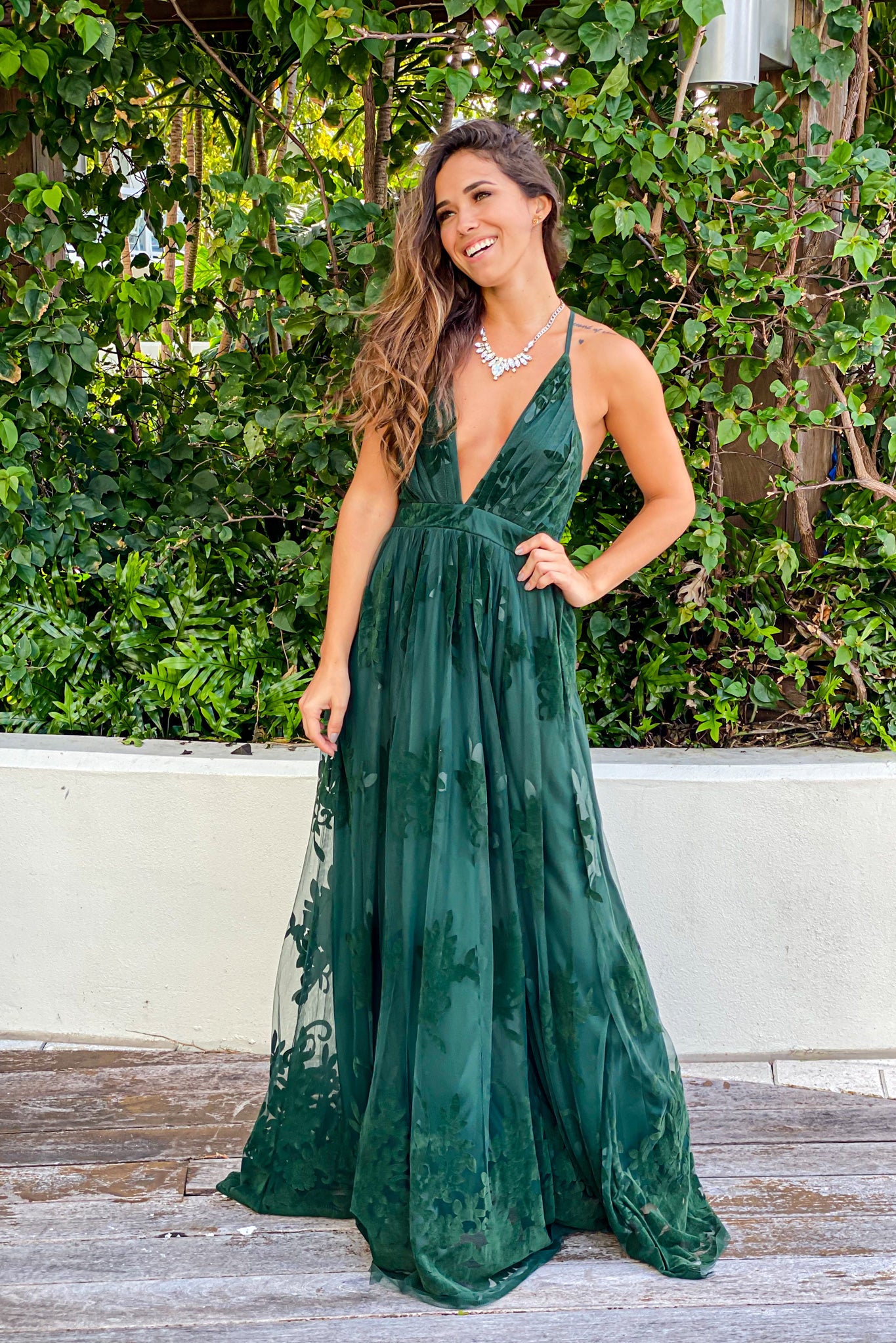 Hunter Green Floral Tulle Maxi Dress ...
